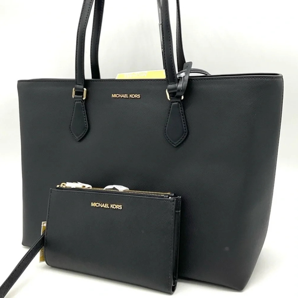 Michael Kors Bag Large Sheila Mf Tote Bag & Large Double Zip Wallet Black/Gold - Picture 2 of 15